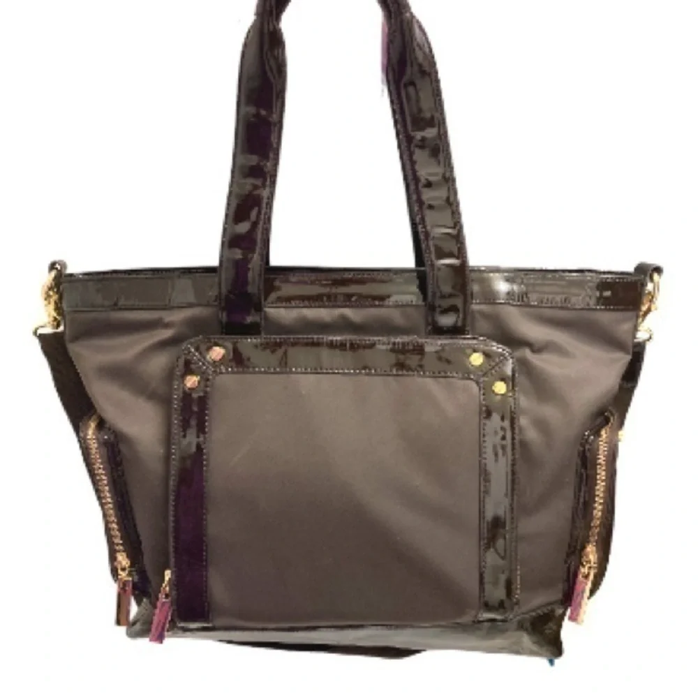Tory Burch brown nylon and leather baby bag or travel bag tote shoulder strap